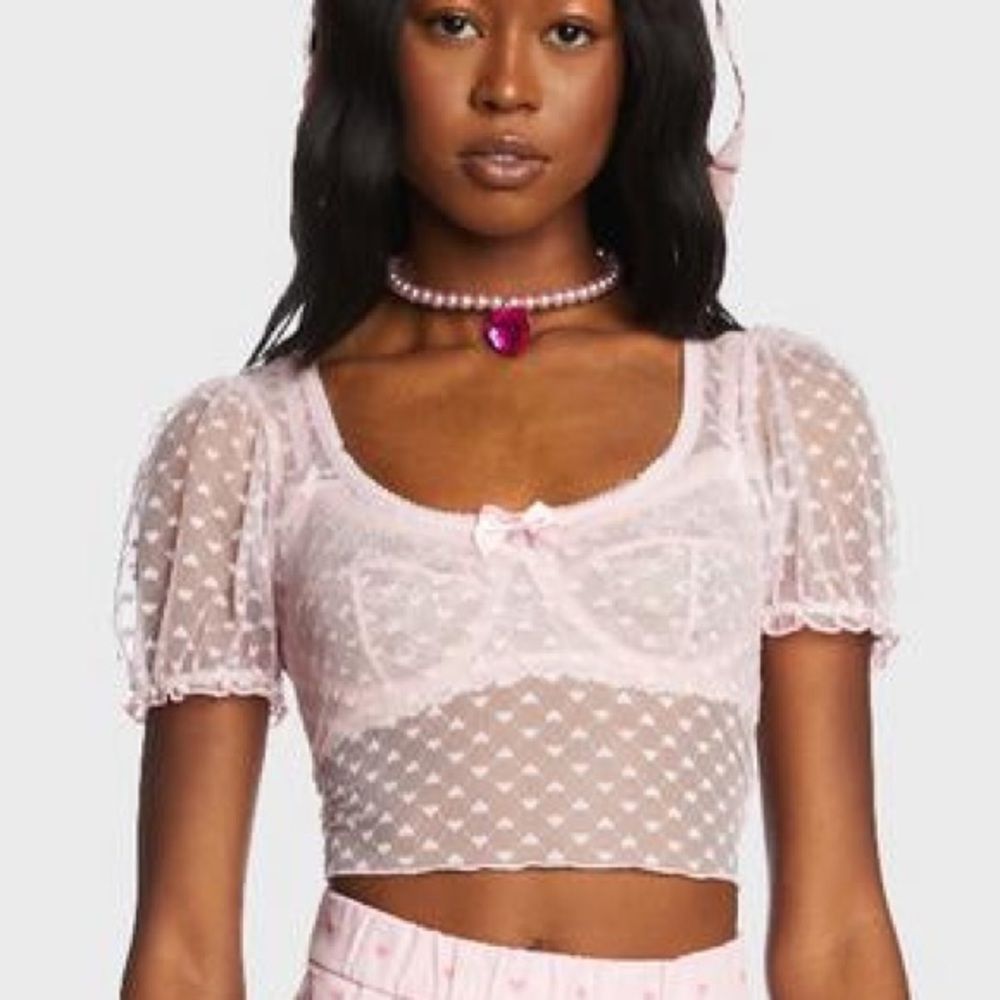 Pink Sheer heart Polka Dot Crop Top